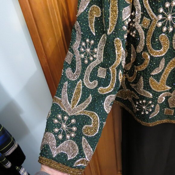 Laurence Kazar Green & Gold Vintage Beaded Silk Evening Cocktail Jacket Size XL - Picture 5 of 11